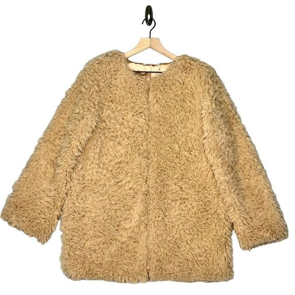 Chelsea & Violet Furry Flowers Camel Fluffy Teddy Bear Cardigan Satin Line Sz XL - Picture 1 of 11